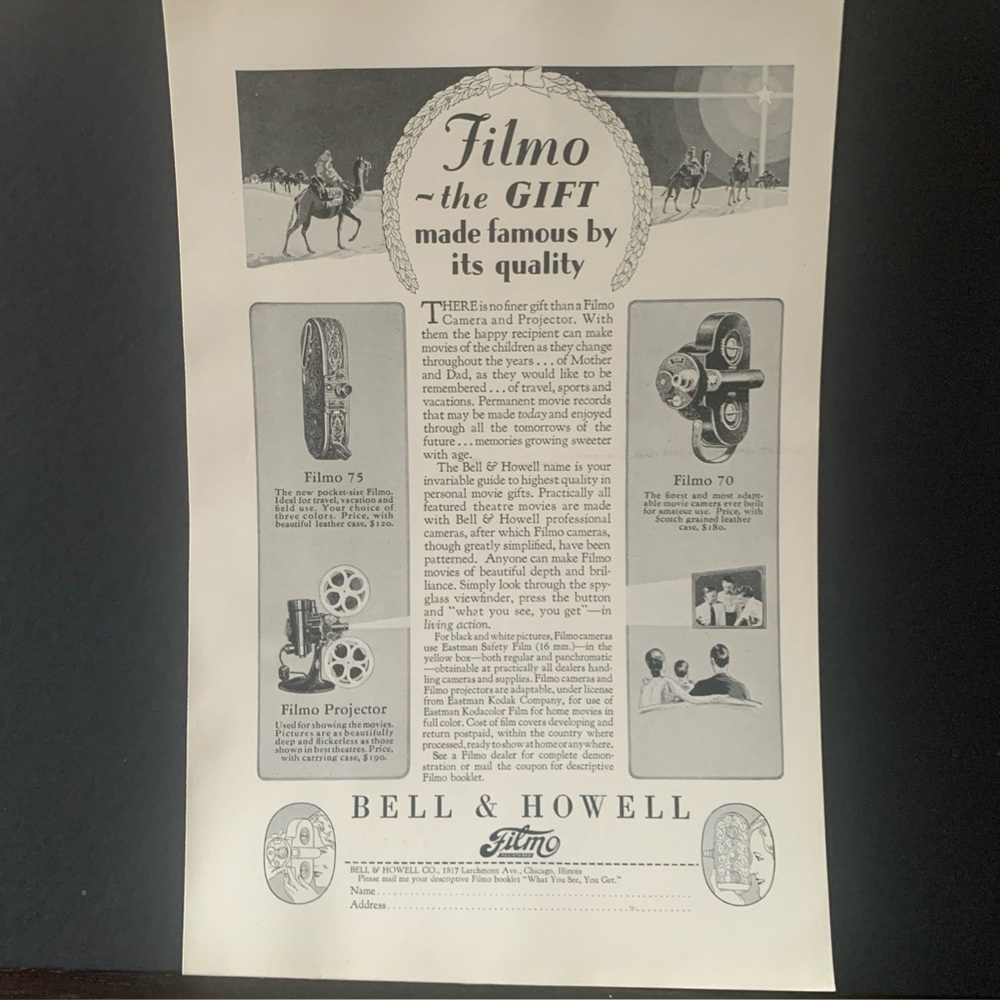 Vintage 1928 Bell & Howell Filmo The Gift Ad Advertisement